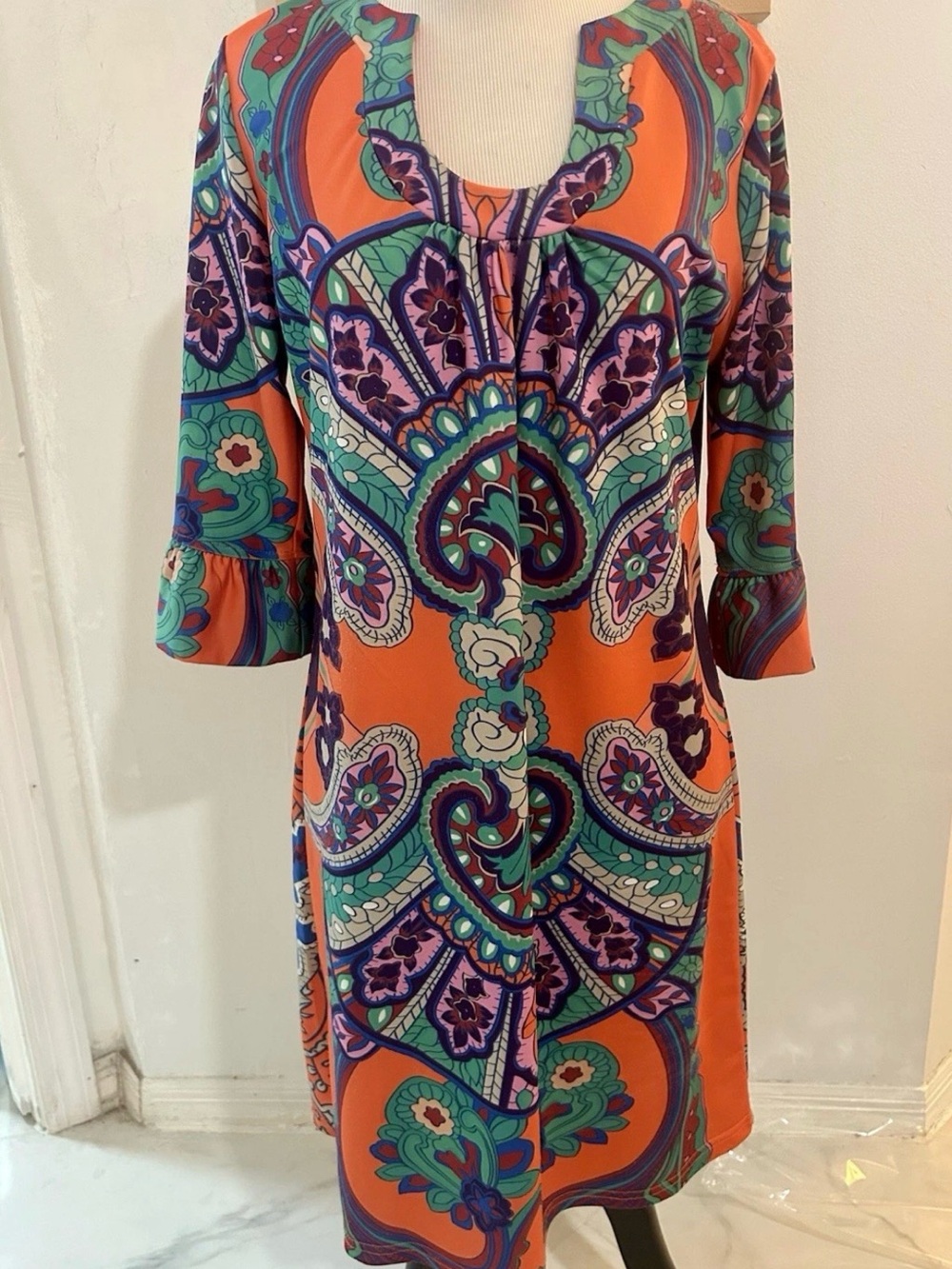 Aryeh Anthropologie Scoop Neck Vibrant Orange Paisley Dress S Boho Retro Mod